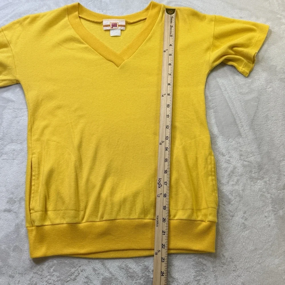 Vintage 70s Jill Short Sleeve Sweatshirt Yellow V Neck Kangaroo Pocket Women's M